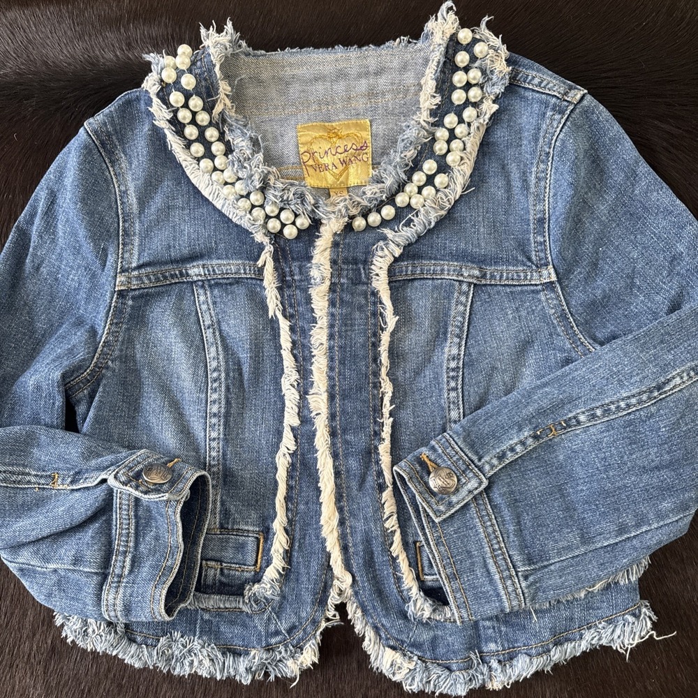 Princess Vera Wang Open Denim Jacket Faux Pearls Woman's Size XS Raw Hems